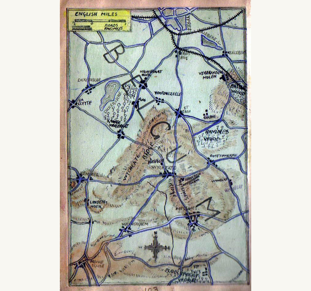 A map drawn by Arthur depicting the Wytschaete/Messines area in Belgium where his draft was deployed in June 1917