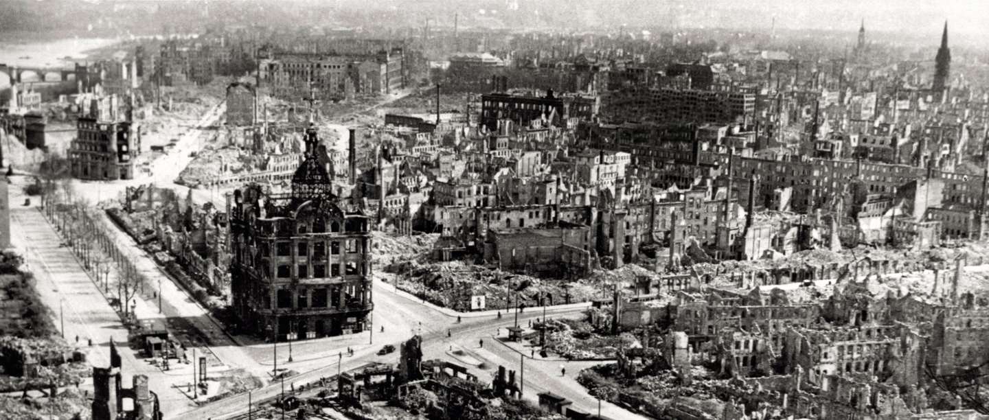 Image: Dresden city centre, after it was devastated by Anglo-American bombing in February 1945. Bomber Command helped defeat Nazi Germany but the deadly area bombing of cities was controversial at the time and remains so today.  (Copyright Getty Images)