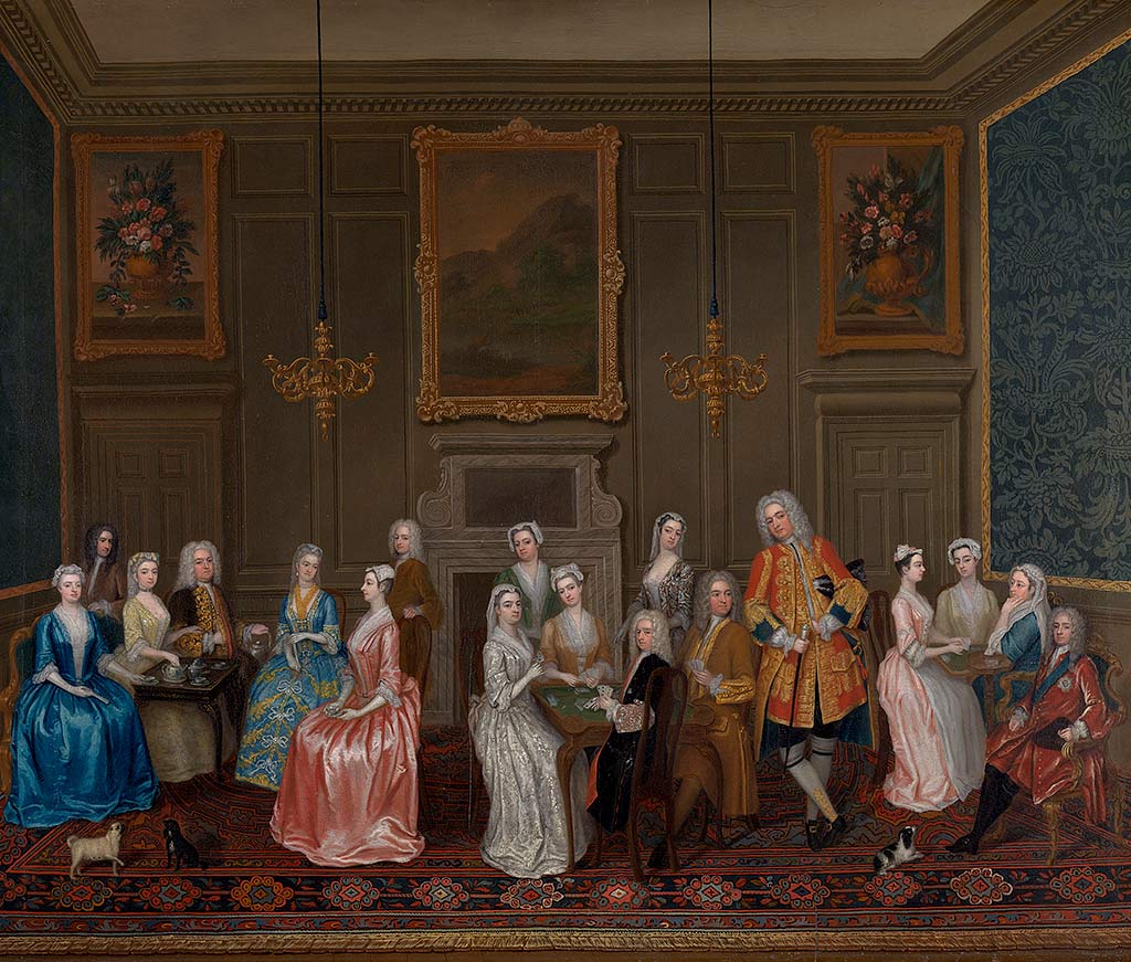 This group portrait by Charles Philips (1730) of a tea party at Lord Harrington’s House shows the kind of entertaining which took place in the Great Room at Marble Hill. Henrietta is seated at the centre of the middle group in a brown dress, while her future husband, George, is standing to the left of the fireplace in a brown coat