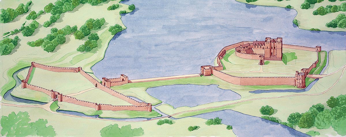 A reconstruction of Kenilworth Castle as it may have looked just before the siege of 1266. King John, Henry III’s father, had added the outer stone walls and greatly enlarged the mere, or lake, surrounding the castle in the early 13th century