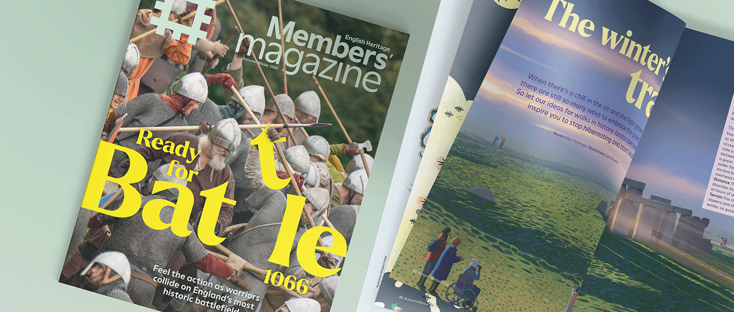 Photo of the front cover and an inside page of the Autumn/Winter 2026 English Heritage Members' magazine