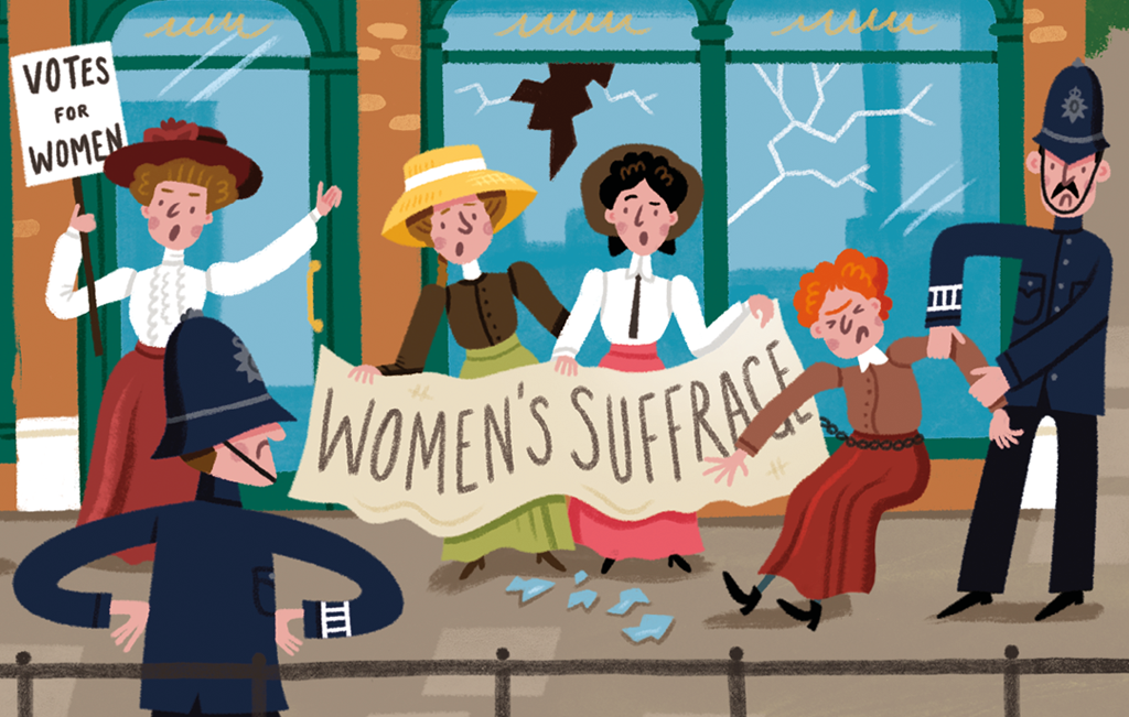 Image: an illustration of suffragettes campaigning outside of a shop while a policeman watches