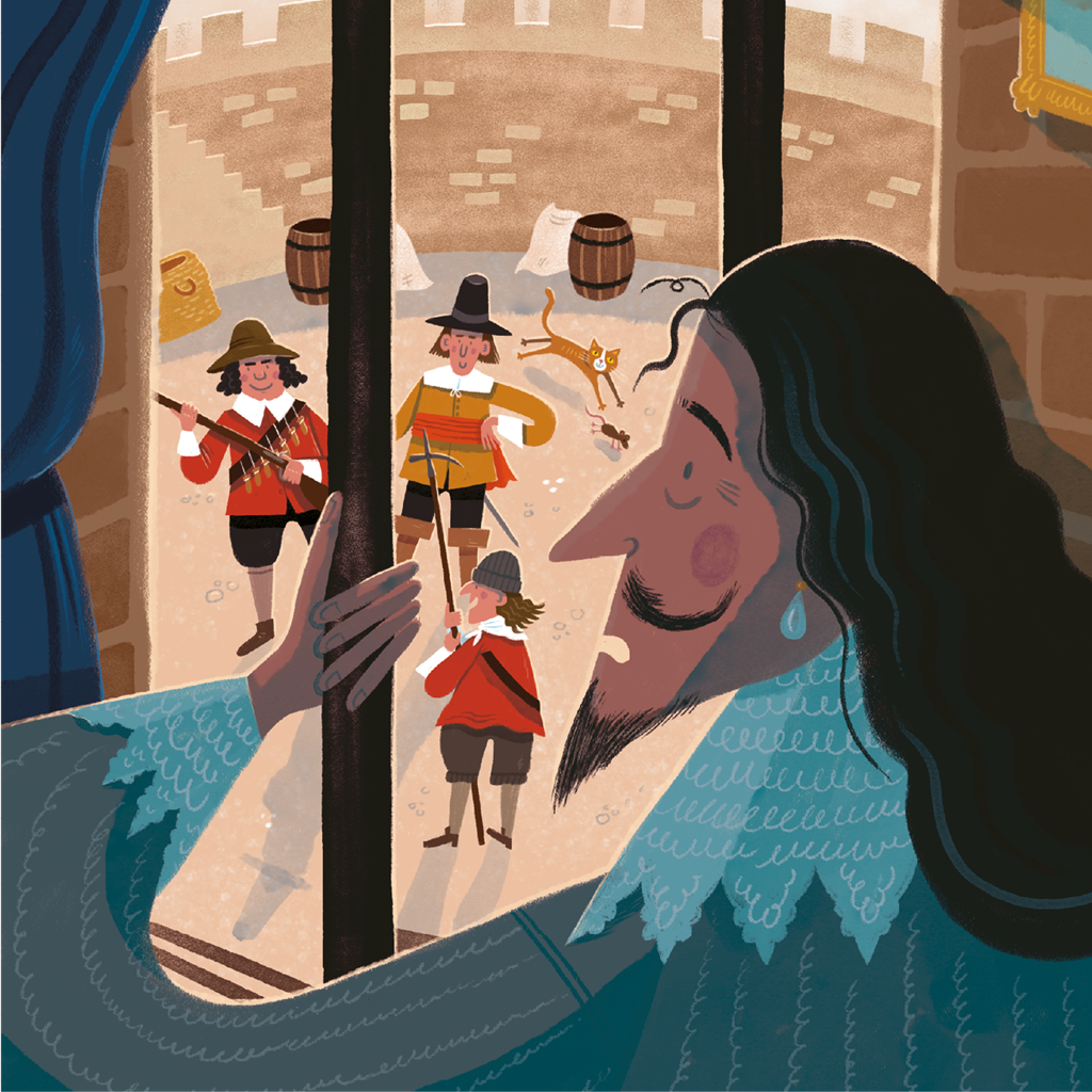Image: cartoon illustration of Charles I behind bars at Carisbrooke Castle, with parliamentarian soldiers outside the window