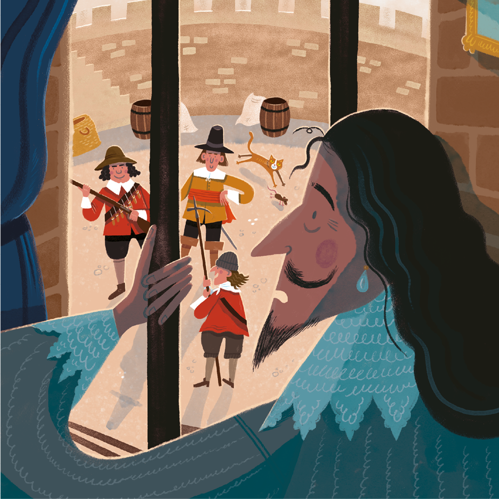 Image: cartoon illustration of Charles I behind bars at Carisbrooke Castle, with parliamentarian soldiers outside the window Image: cartoon illustration of Charles I behind bars at Carisbrooke Castle, with parliamentarian soldiers outside the window
