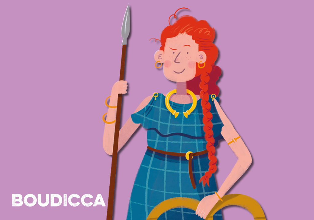 Illustration of Boudicca, wearing a blue dress and holding a spear