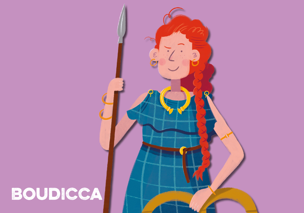 Illustration of Boudicca, wearing a blue dress and holding a spear Illustration of Boudicca, wearing a blue dress and holding a spear