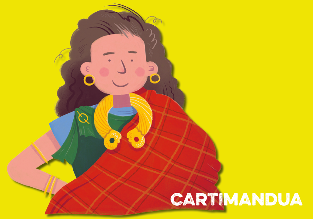 Illustration of Cartimandua wearing a green dress, red cloak and gold torc (necklace) around her neck