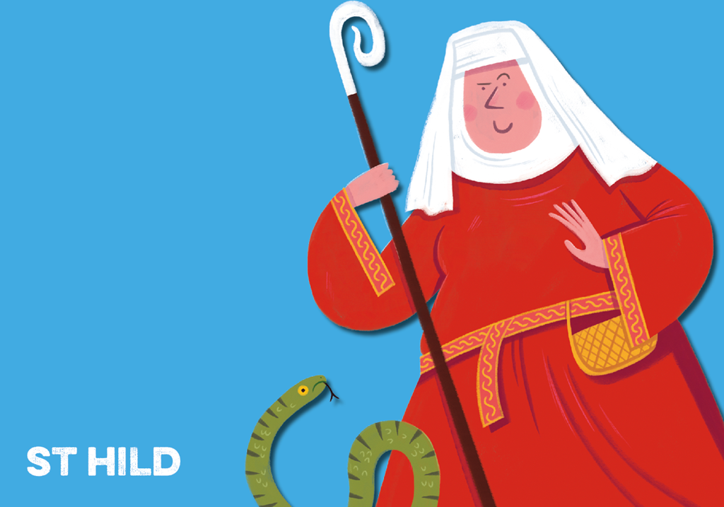 Illustration of St Hild holding a staff with acurled top next to a green snake