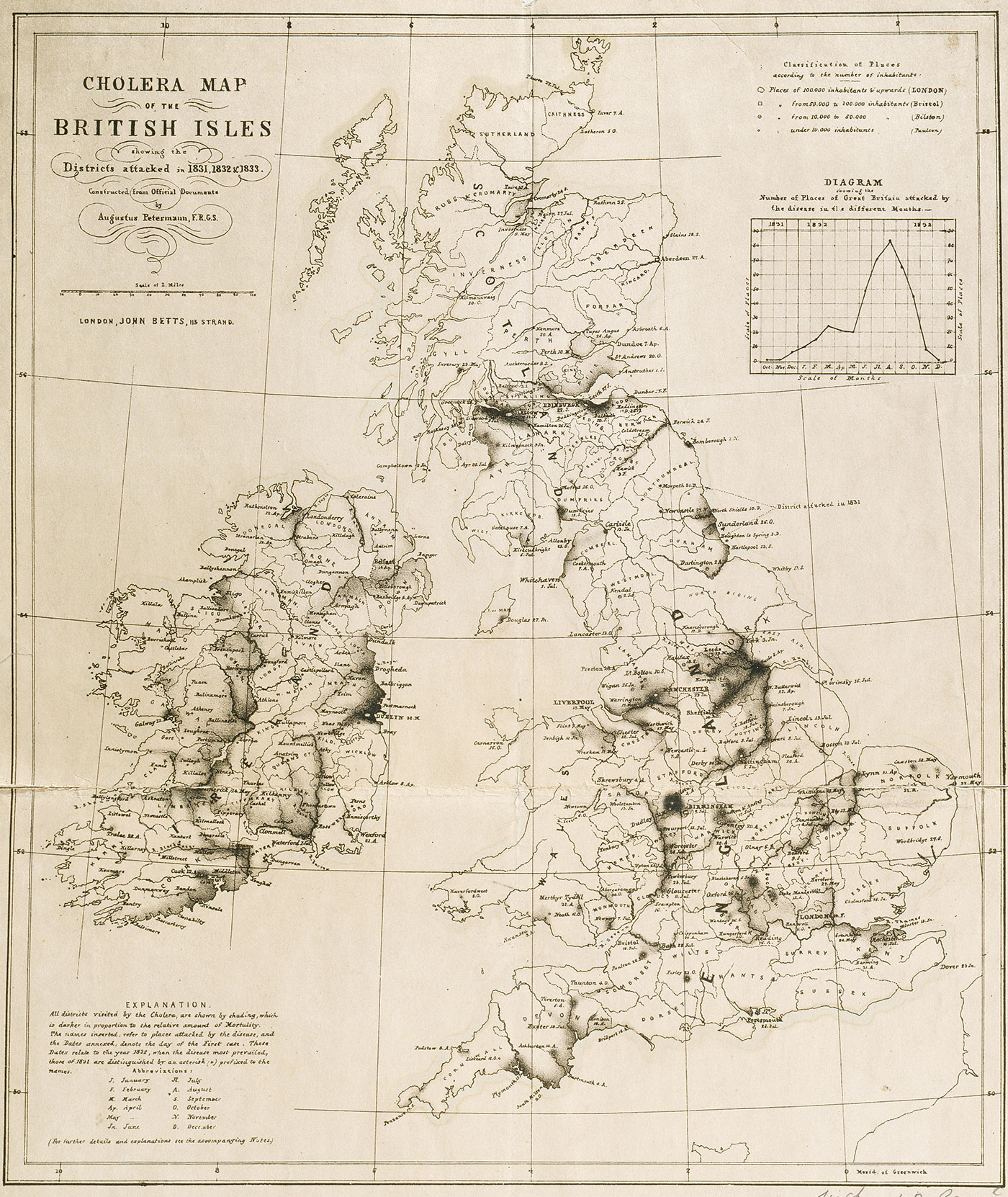 A map of Britain showing cases of Cholera