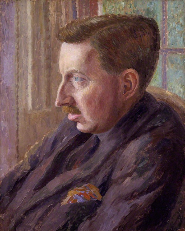 Painting of novelist EM Forster in profile, reclining in armchair