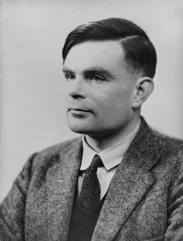 Black and white photograph of Alan Turing, who was arrested and convicted for his homosexuality in 1952