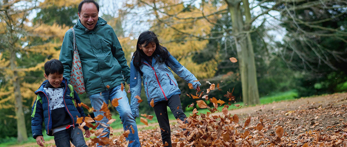 Photo of an adult and two children kicking fallen autumn leaves and laughing in the grounds of Wrest Park in Bedfordshire