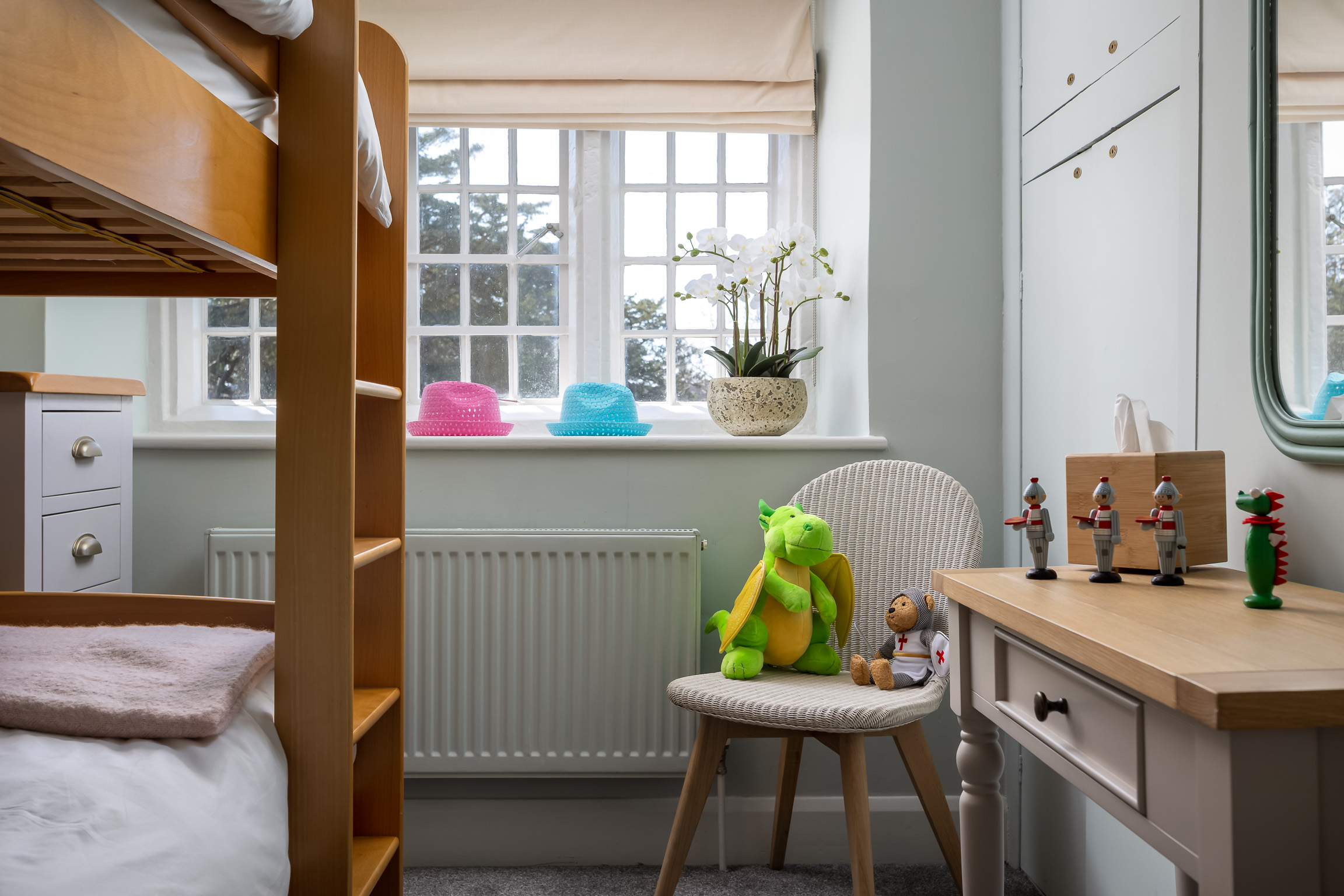 Twin bedroom with bunk beds, first floor