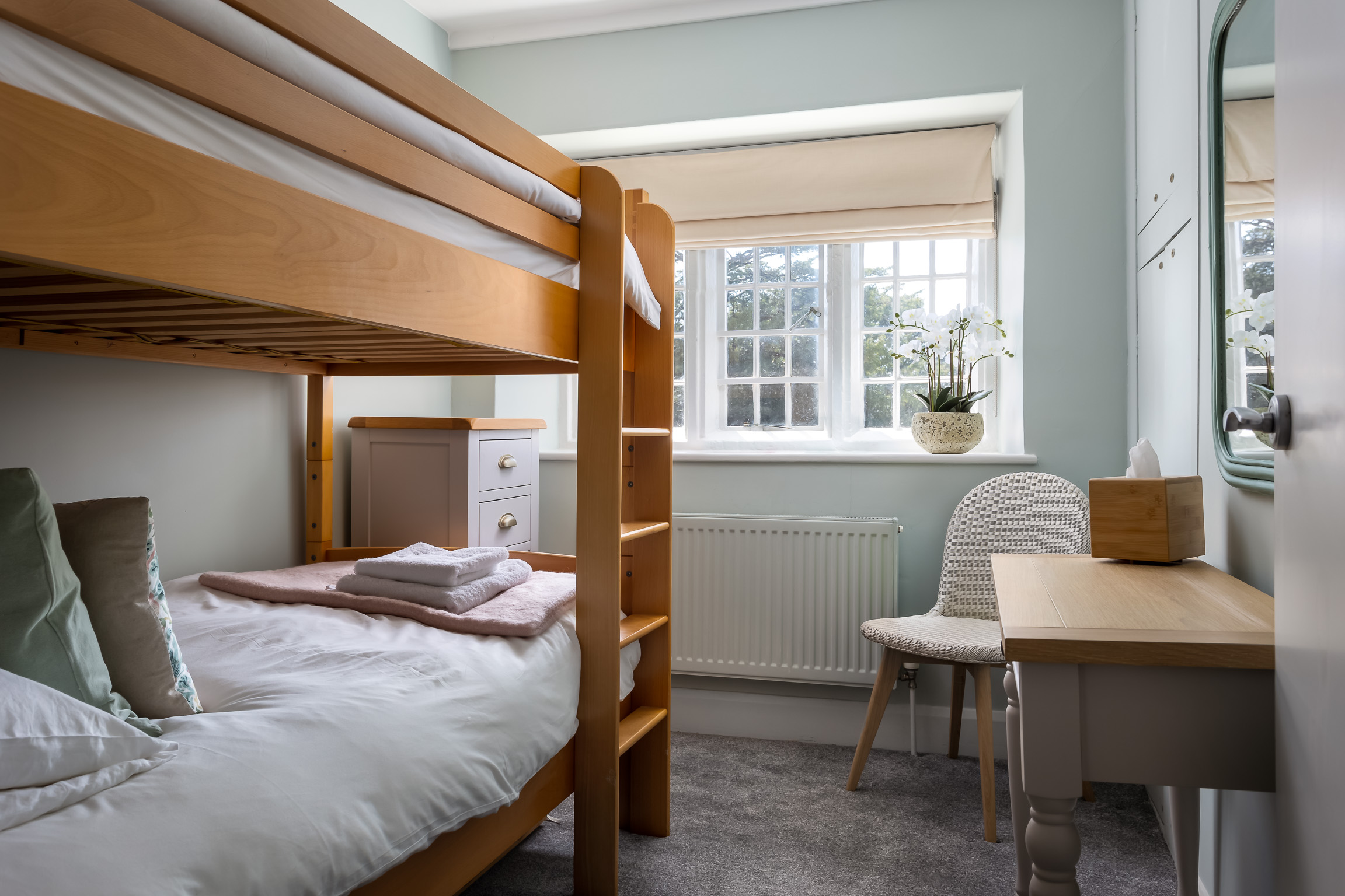 Twin bedroom with bunk beds, first floor