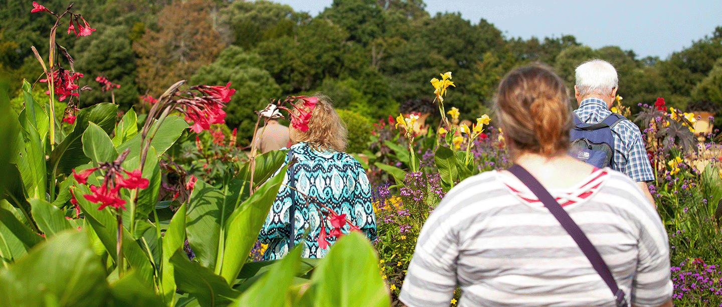 Photo of a small group of people walking through a garden filled with colourful flowers at Osborne on the Isle of Wight
