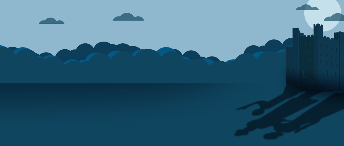 Abstract landscape showing a castle keep and shadows projected onto ground in front of it