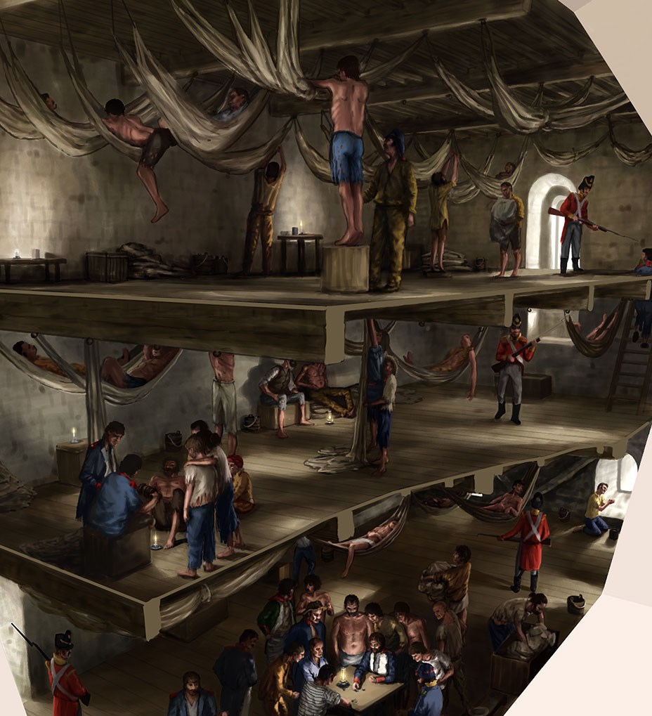 A cutaway drawing showing prisoners in the keep at Portchester Castle