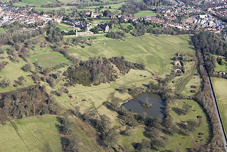Aerial view of the 1066 Battle of Hastings battlefield, with Battle Abbey in the background