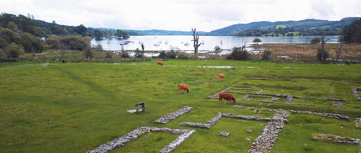 Ambleside Roman Fort from the air, looking south towards Lake Windermere