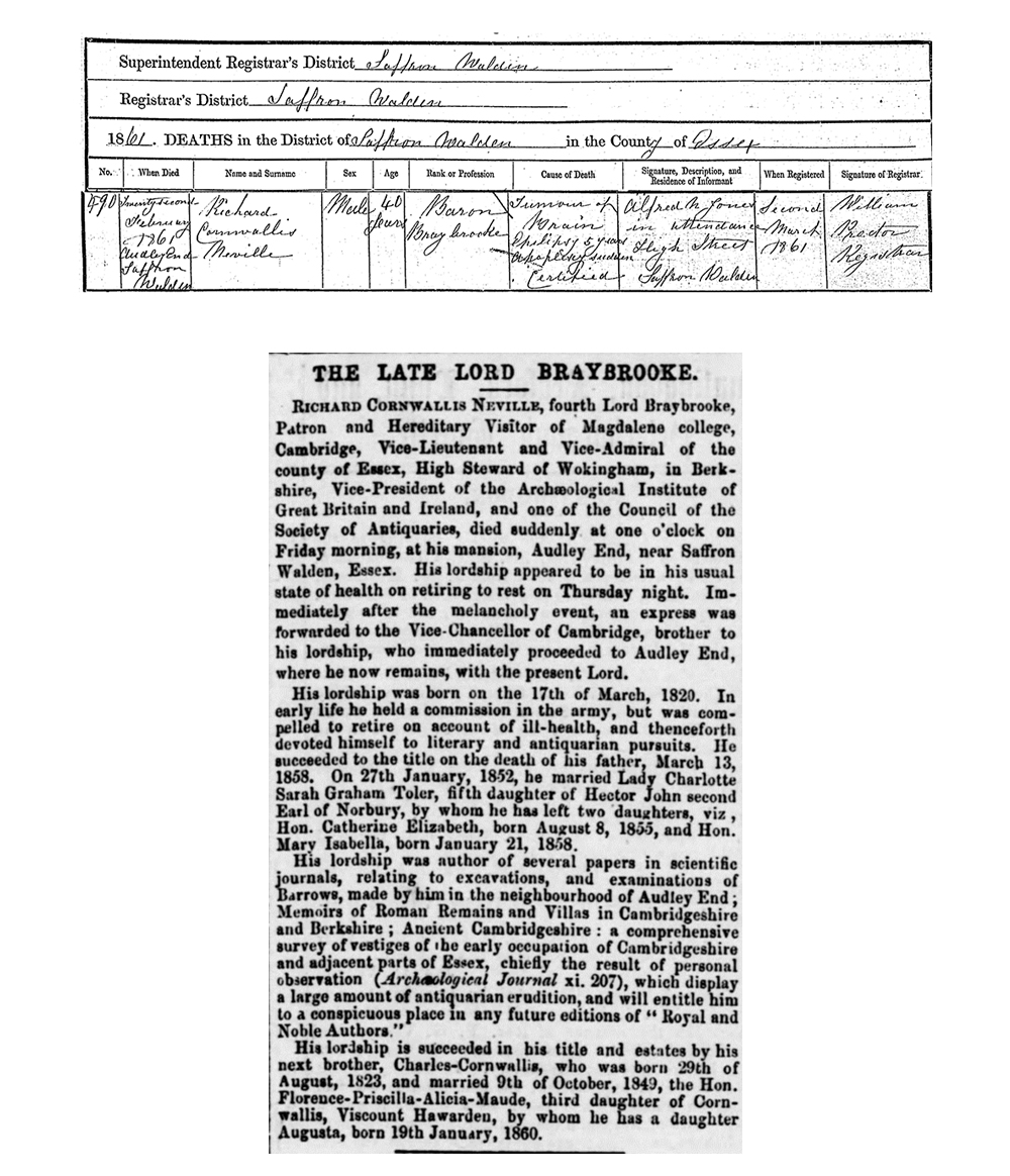 (Top) Richard’s death certificate stating the cause of death as ‘tumour of the brain, epilepsy, sudden apoplexy’ and (bottom) Richard’s obituary in the Cambridge Weekly News, 23 February 1861