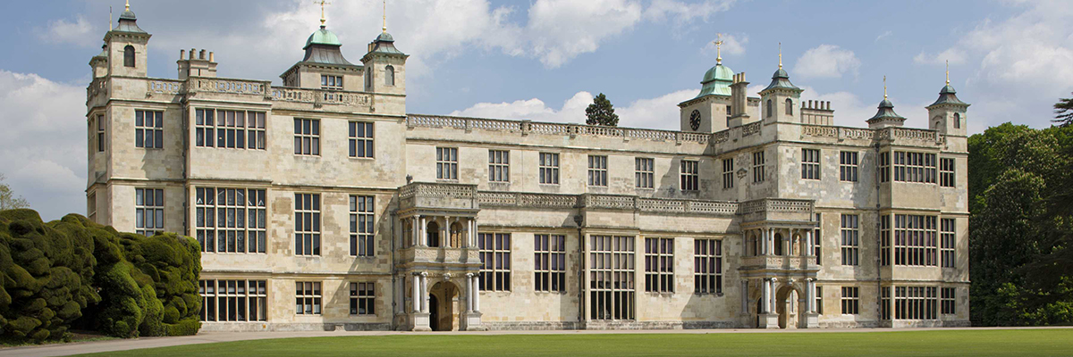 The west front of Audley End, seen across the site of the 17th-century outer lodging court to the hall and porches