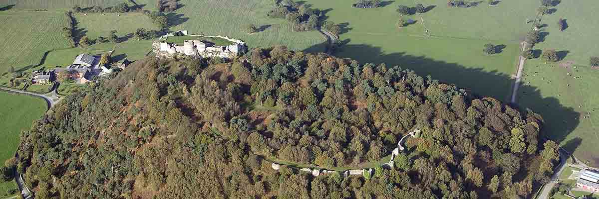 Aerial view of Beeston Castle, looking north. The curtain wall of the outer ward is just visible among the trees 