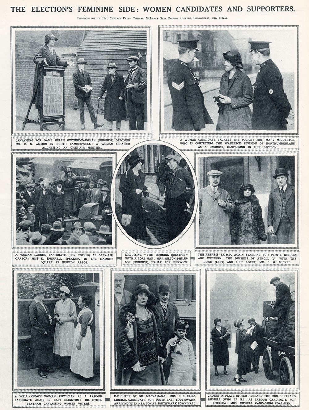 An article published in the Illustrated London News in October 1924 showing various women candidates on campaign across the country. Mary Middleton is shown with policemen in Wansbeck (top right)