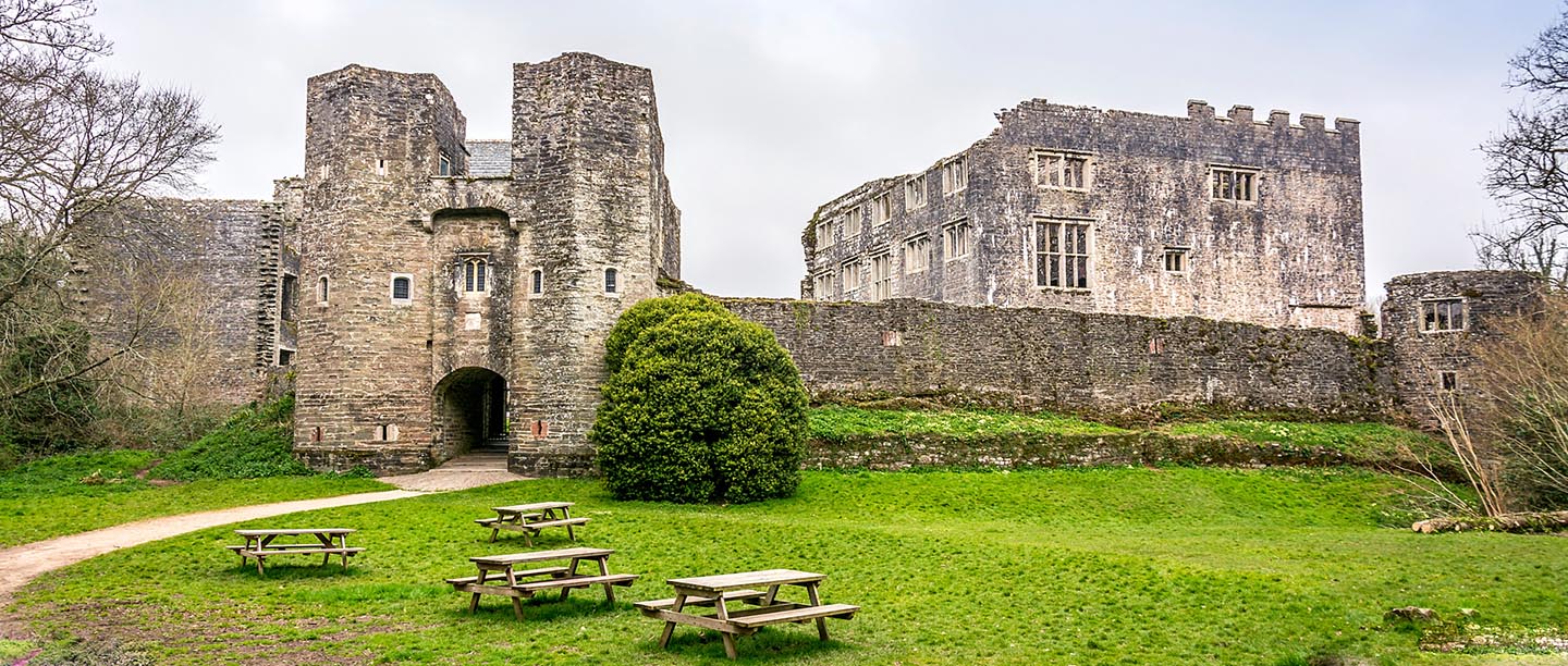 Picnic benches outside Berry Pomeroy Castle