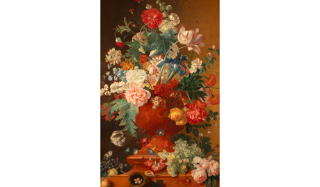 Flowers in a Terracotta Vase with Fruit and a Bird’s Nest, Jan van Huysum (1682-1749), oil on canvas. Brodsworth’s painting is a later copy of Jan van Huysum’s original, which is at the National Gallery, London. Van Huysum was a celebrated still-life artist from Amsterdam.