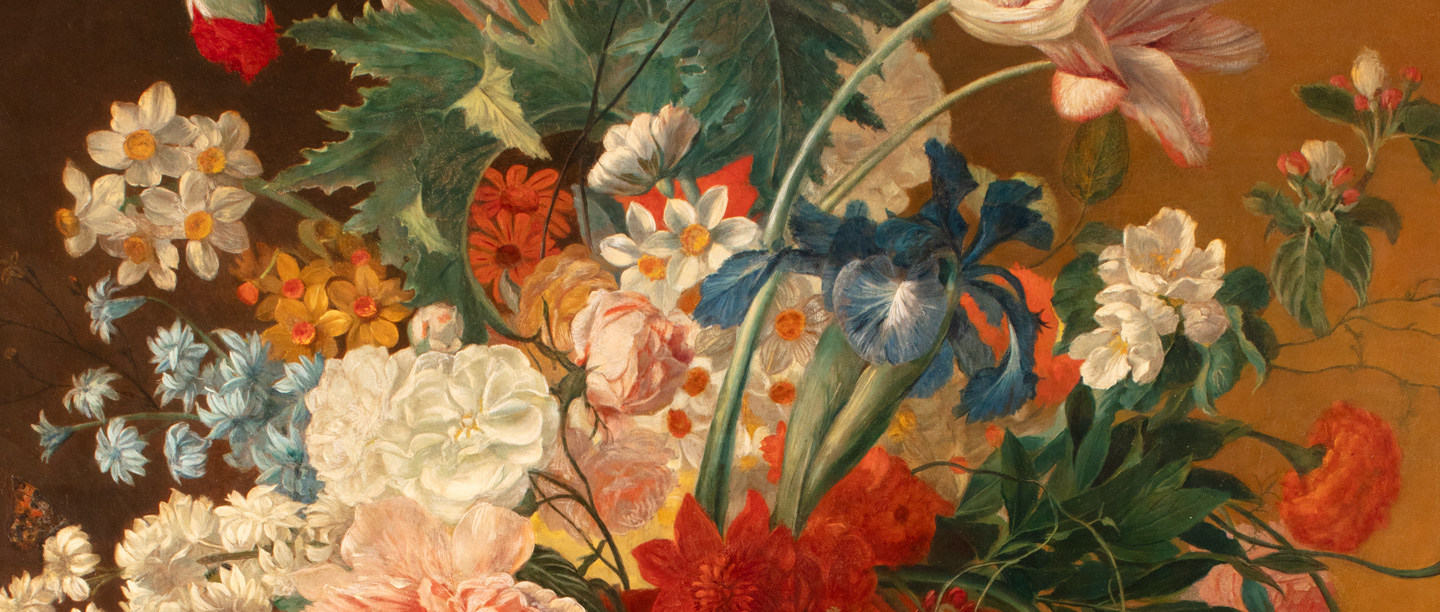 A close-up of Jan van Huysum's Flowers in a Terracotta Vase painting. 