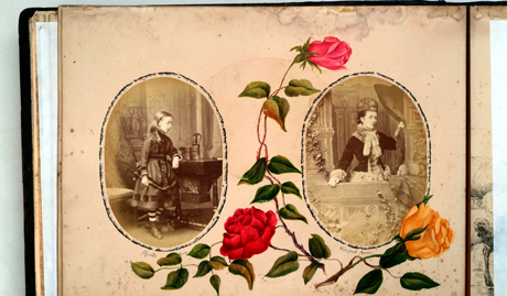 A black leather gilt bound photograph album dating back to 1870 - 1880, containing portraits of the Thellusson family, with each page illuminated by a different watercolour illustration of flowers. These illustrations are thought to be the work of Aline Thellusson, a gifted amateur artist. Occasionally a different artist’s hand is seen, so it could be a family collaboration.