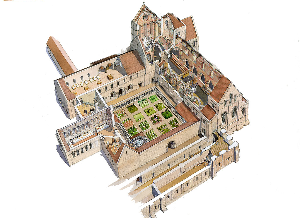 A reconstruction of Buildwas Abbey as it may have looked in the 13th century