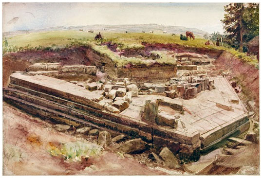 1860s watercolour painting showing Chesters Bridge Abutment under excavation with cows grazing in field beyond