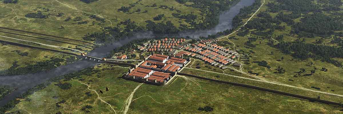 A reconstruction of the fort and civilian settlement at Chesters as they may have appeared in about AD 200. The settlement is surrounded by fields and a passing river. 