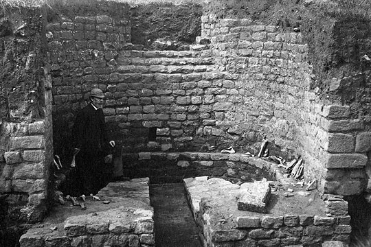 19th-century photograph of the excavation of the external baths at Chesters Fort