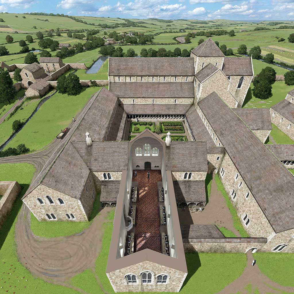 A reconstruction of Cleeve Abbey showing how it would have looked in the 13th century