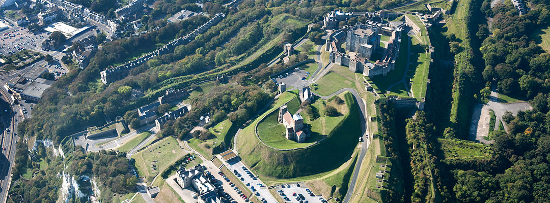 Aerial view of Dover Castle showing the various phases of the hilltop site Aerial view of Dover Castle showing the various phases of the hilltop site