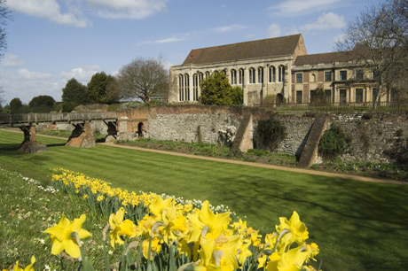 Eltham Palace with south moat and stone bridge during spring