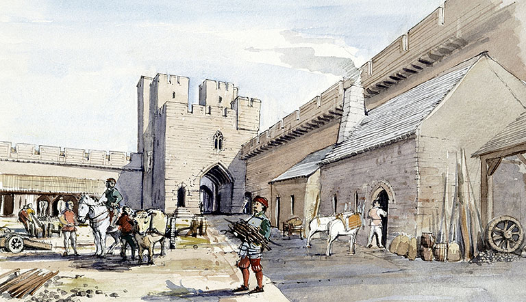 A reconstruction of the gatehouse and adjacent curtain wall as they may have looked in the mid 14th century