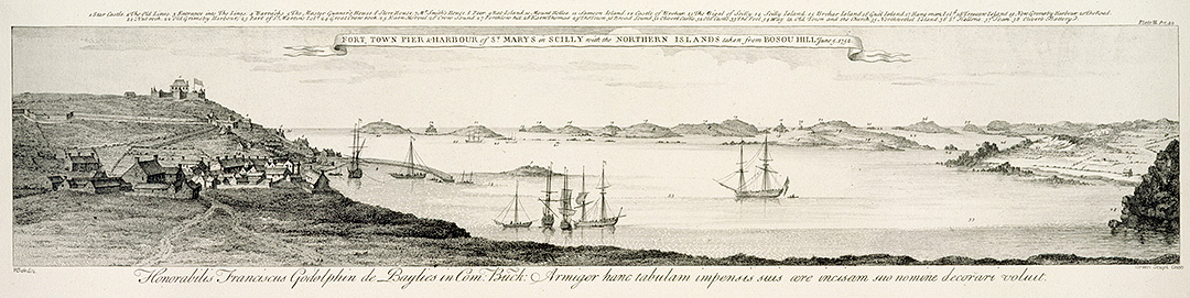 This engraving of a drawing dated 1752 shows the Garrison Walls and Star Castle on the left, with a view of some of the northern Isles of Scilly in the background