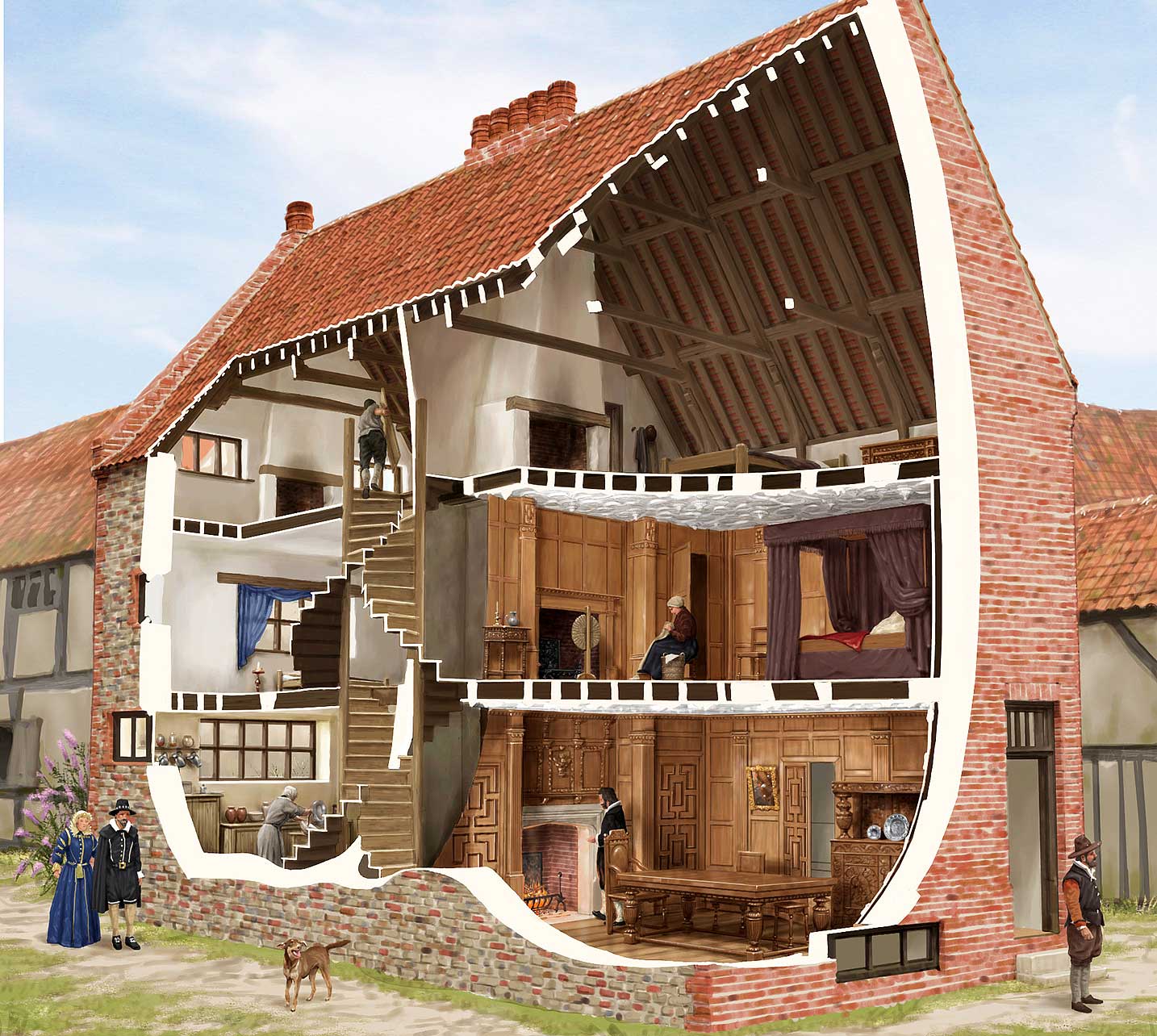 A cutaway reconstruction of the Old Merchant’s House in the early 17th century