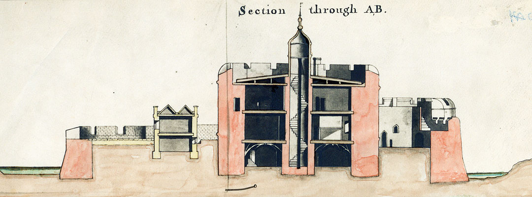 Section drawing of Hurst Castle, made in 1750, showing the original Tudor spiral stair and delicate roof cupola