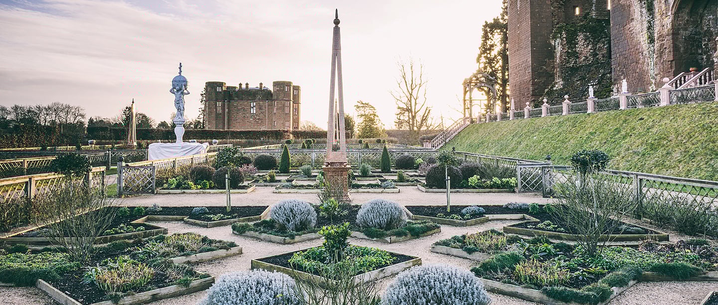 Kenilworth Castle Elizabethan Gardens on a frosty morning.