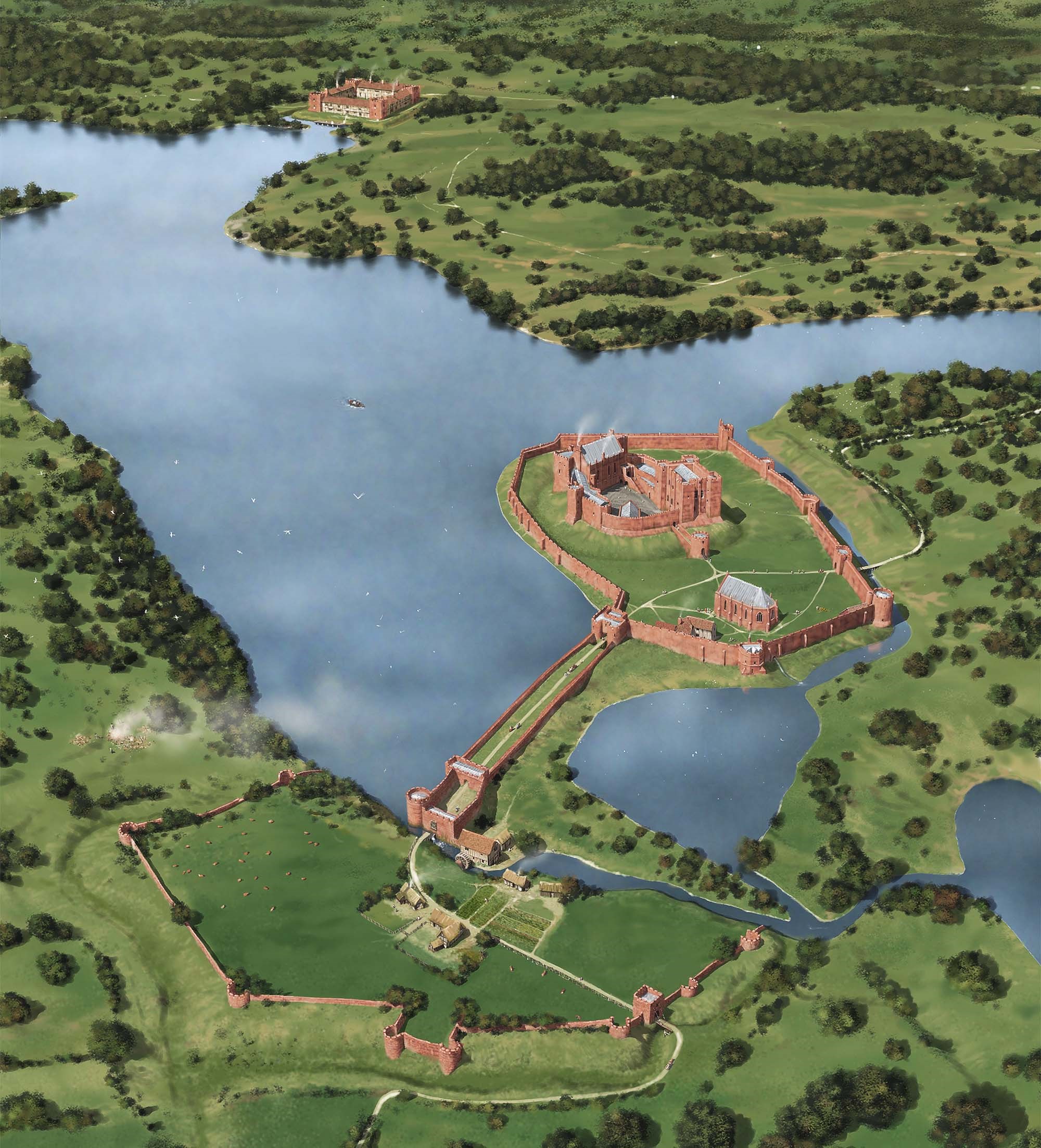 A reconstruction of Kenilworth Castle as it might have appeared in about 1420, showing John of Gaunt