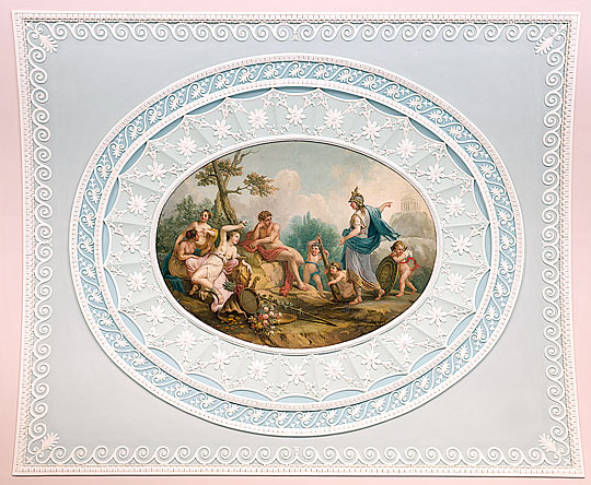 Detail of the ceiling of the 'Great Room' or library at Kenwood with allegorical painting inset within decorative plaster frame