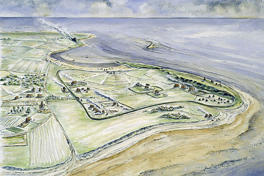 An artist's impression of the 7th-century monastery at Lindisfarne Priory set on the sandy coast