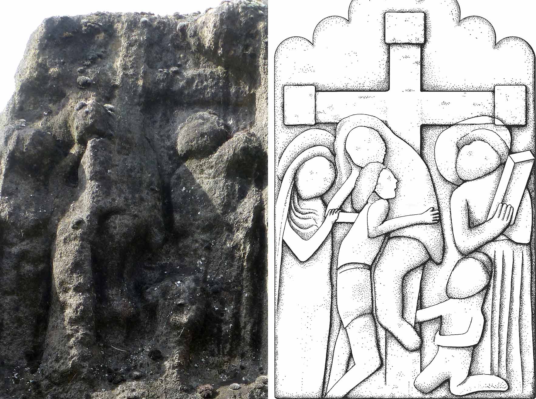 A reconstruction (right) of the depiction of the Descent from the Cross on the east face (left)