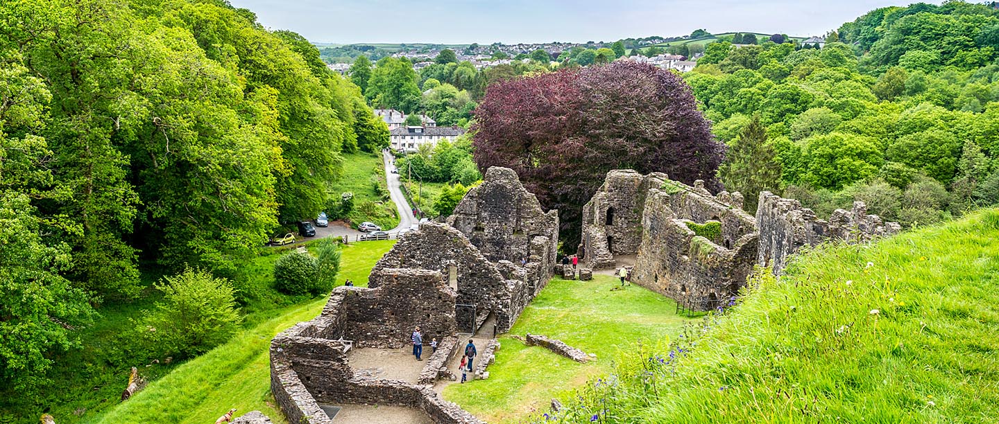 An elevated view of the ruins of Okehampton Castle