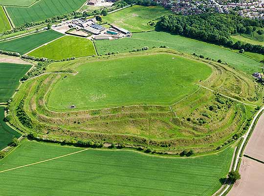 Aerial view of Old Oswestry hillfort, clearly showing the development of the earthworks and entrances