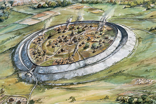 A reconstruction painting showing how the Iron Age hillfort at Old Sarum may have appeared in about 100 BC, with a busy community of huts within its protective ramparts